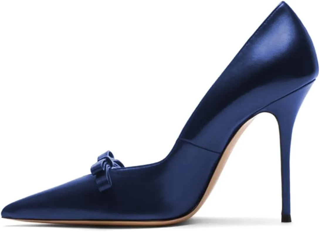 FYS Women's Bow Pointed Toe Pumps Slip on Stiletto High Heels Elegant Party Prom Eveing Shoes Size 4-16 US