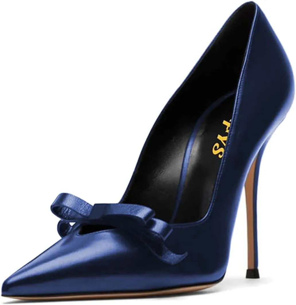 FYS Women's Bow Pointed Toe Pumps Slip on Stiletto High Heels Elegant Party Prom Eveing Shoes Size 4-16 US