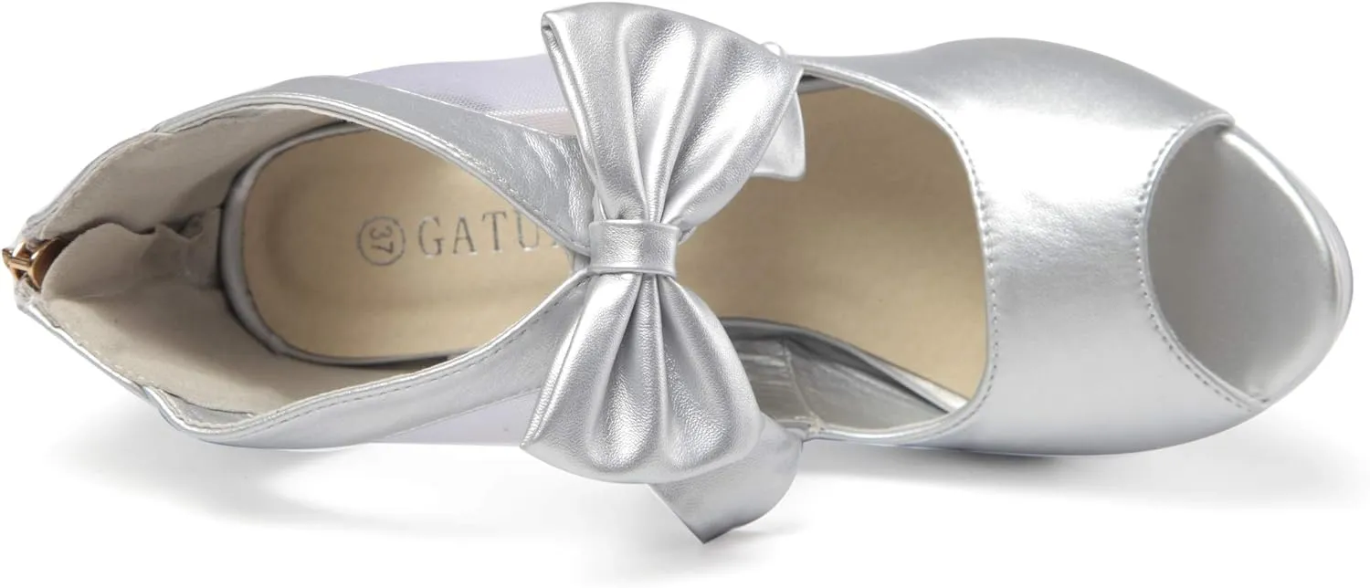 GATUXUS Open Toe Women Platform High Heel Shoes Bows Strappy Sandals