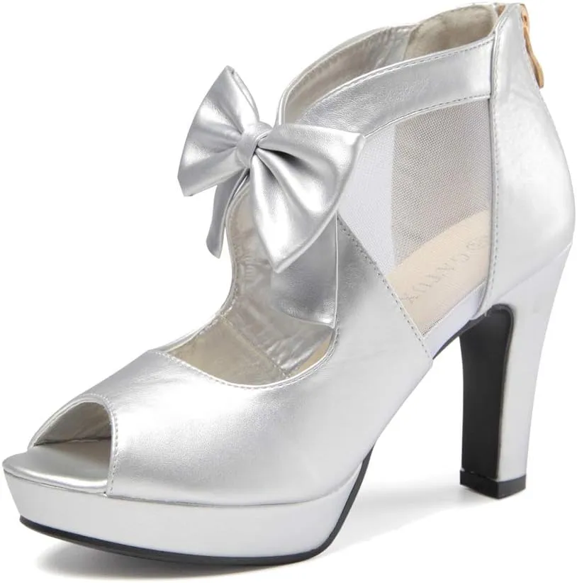 GATUXUS Open Toe Women Platform High Heel Shoes Bows Strappy Sandals