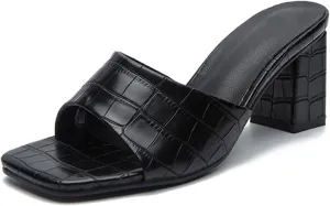 GATUXUS Women's Low Block High Heels Slides Sandals Crocodile Print Square Open Toe Slip On Dress Mule Shoes