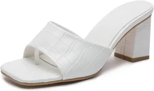 GATUXUS Women's Low Block High Heels Slides Sandals Crocodile Print Square Open Toe Slip On Dress Mule Shoes