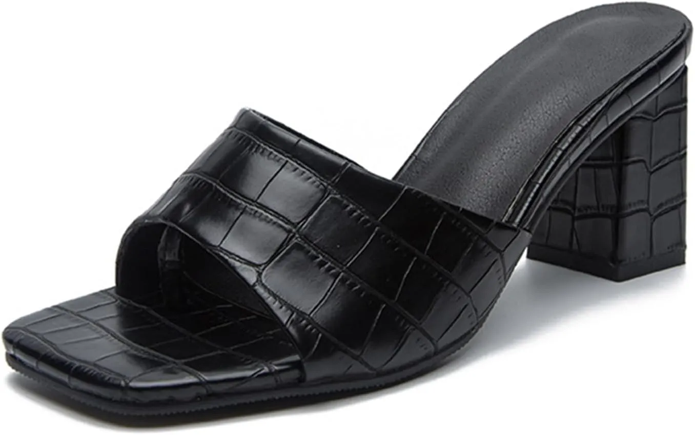 GATUXUS Women's Low Block High Heels Slides Sandals Crocodile Print Square Open Toe Slip On Dress Mule Shoes
