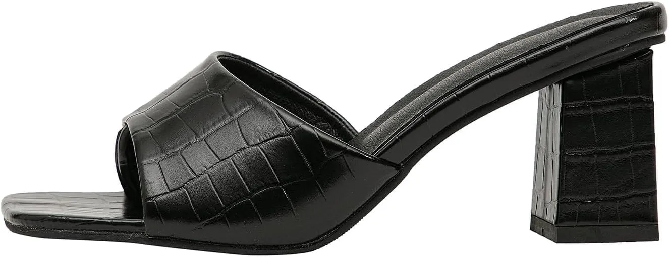 GATUXUS Women's Low Block High Heels Slides Sandals Crocodile Print Square Open Toe Slip On Dress Mule Shoes