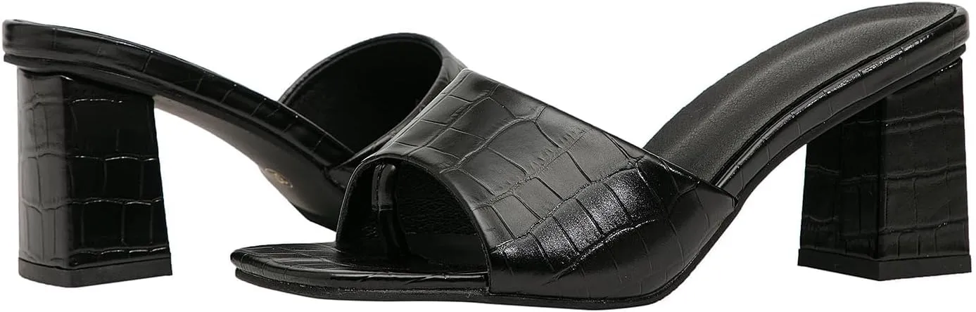 GATUXUS Women's Low Block High Heels Slides Sandals Crocodile Print Square Open Toe Slip On Dress Mule Shoes