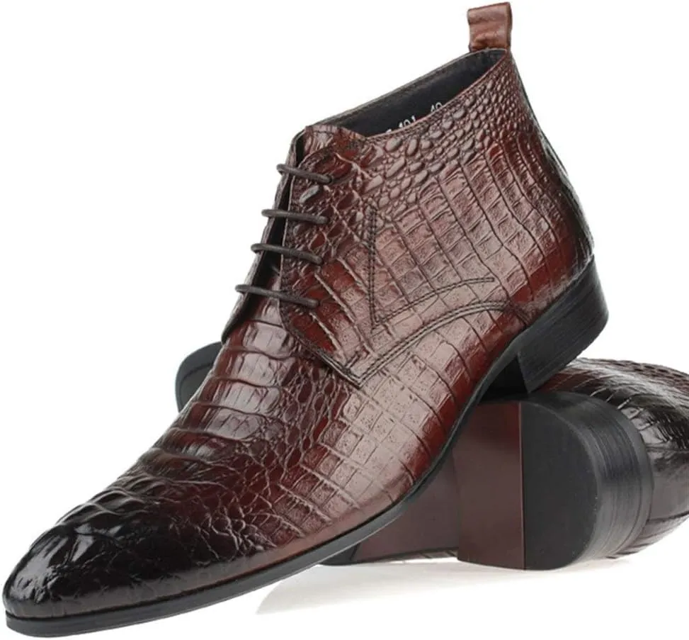 Genuine Leather Ankle Boot for Men Work Boot Crocodile Block Heel Pointed Toe Business Lace Up Retro