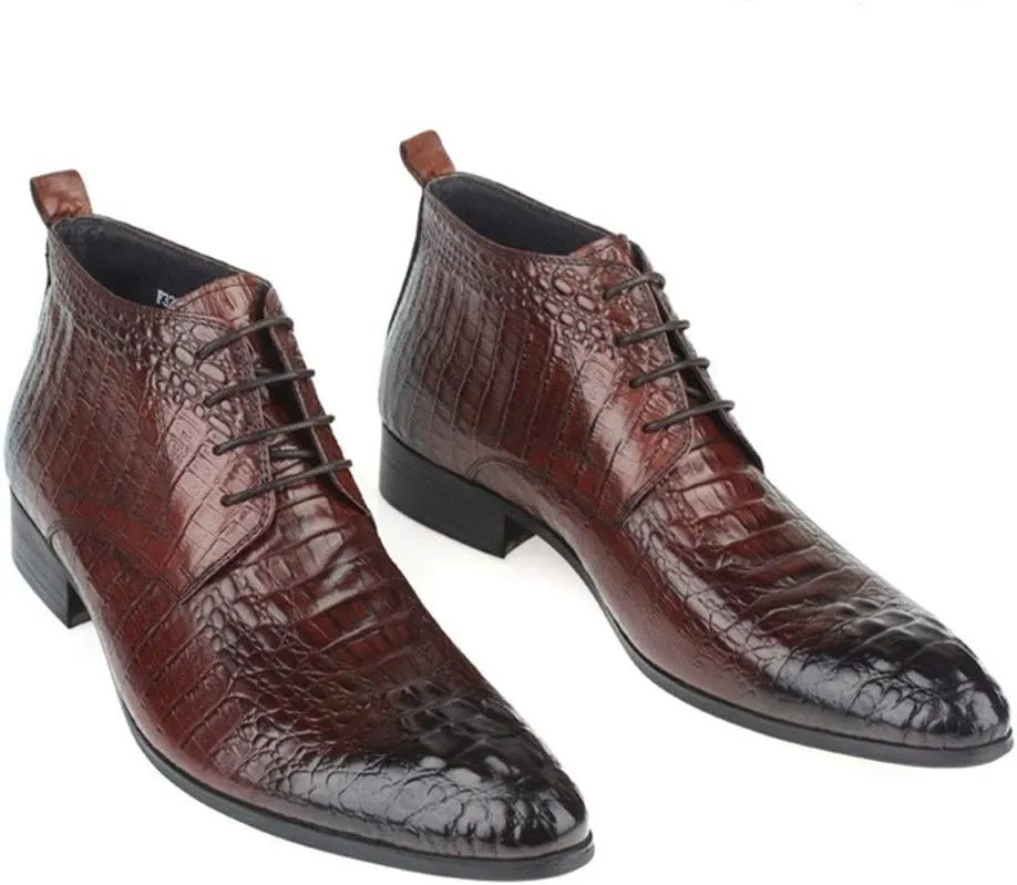 Genuine Leather Ankle Boot for Men Work Boot Crocodile Block Heel Pointed Toe Business Lace Up Retro
