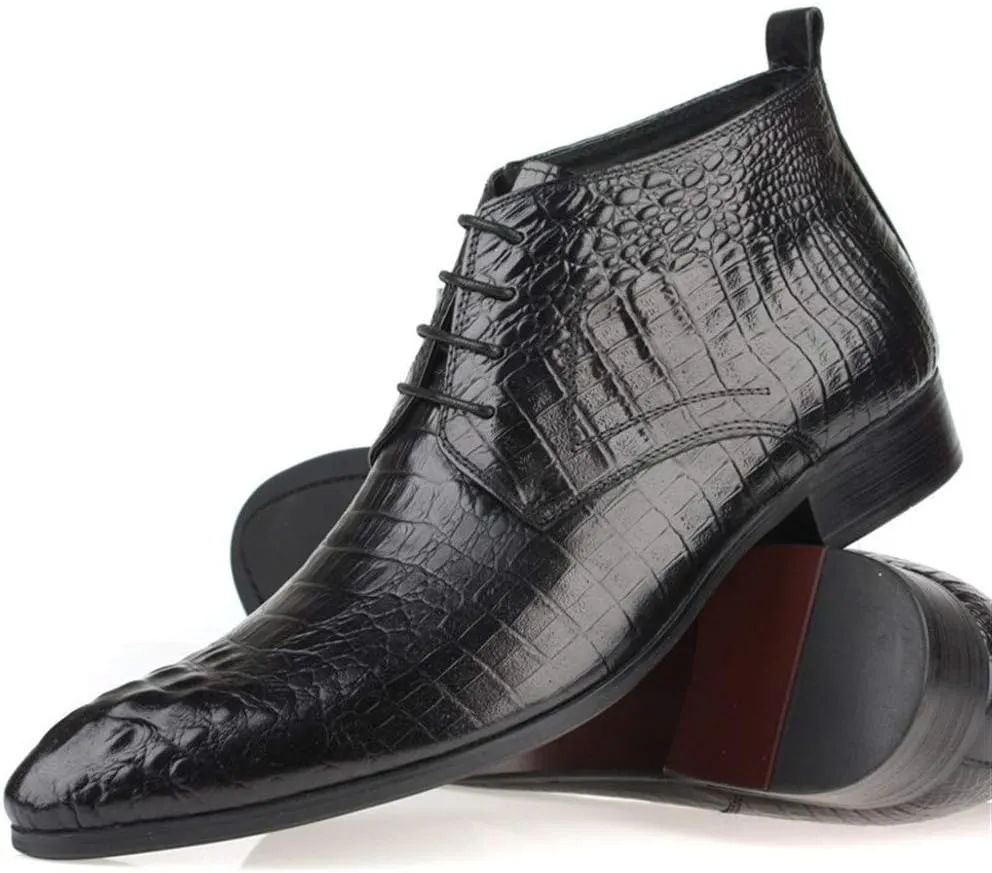Genuine Leather Ankle Boot for Men Work Boot Crocodile Block Heel Pointed Toe Business Lace Up Retro