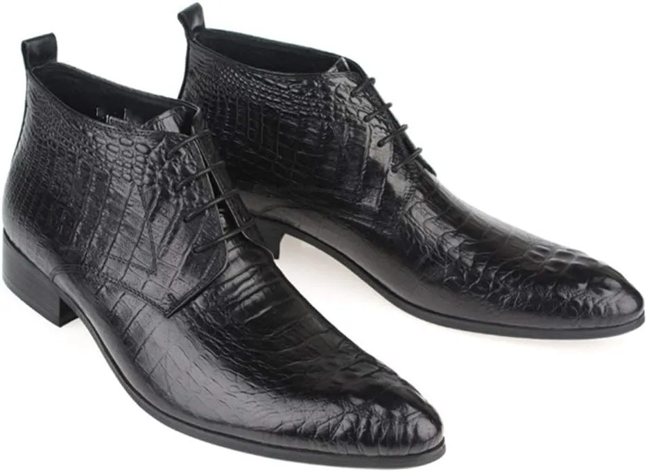 Genuine Leather Ankle Boot for Men Work Boot Crocodile Block Heel Pointed Toe Business Lace Up Retro