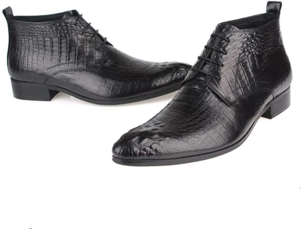 Genuine Leather Ankle Boot for Men Work Boot Crocodile Block Heel Pointed Toe Business Lace Up Retro