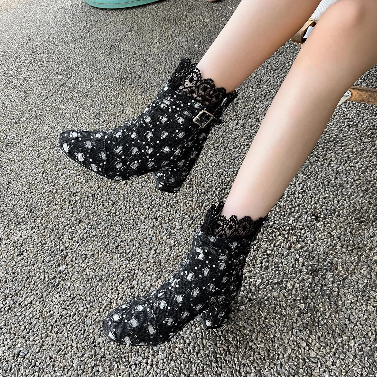 Gicoiz Women Elegant Floral Chelsea Ankle Boots Block Heel