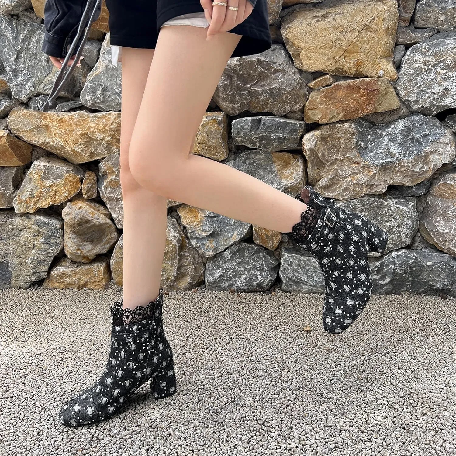 Gicoiz Women Elegant Floral Chelsea Ankle Boots Block Heel