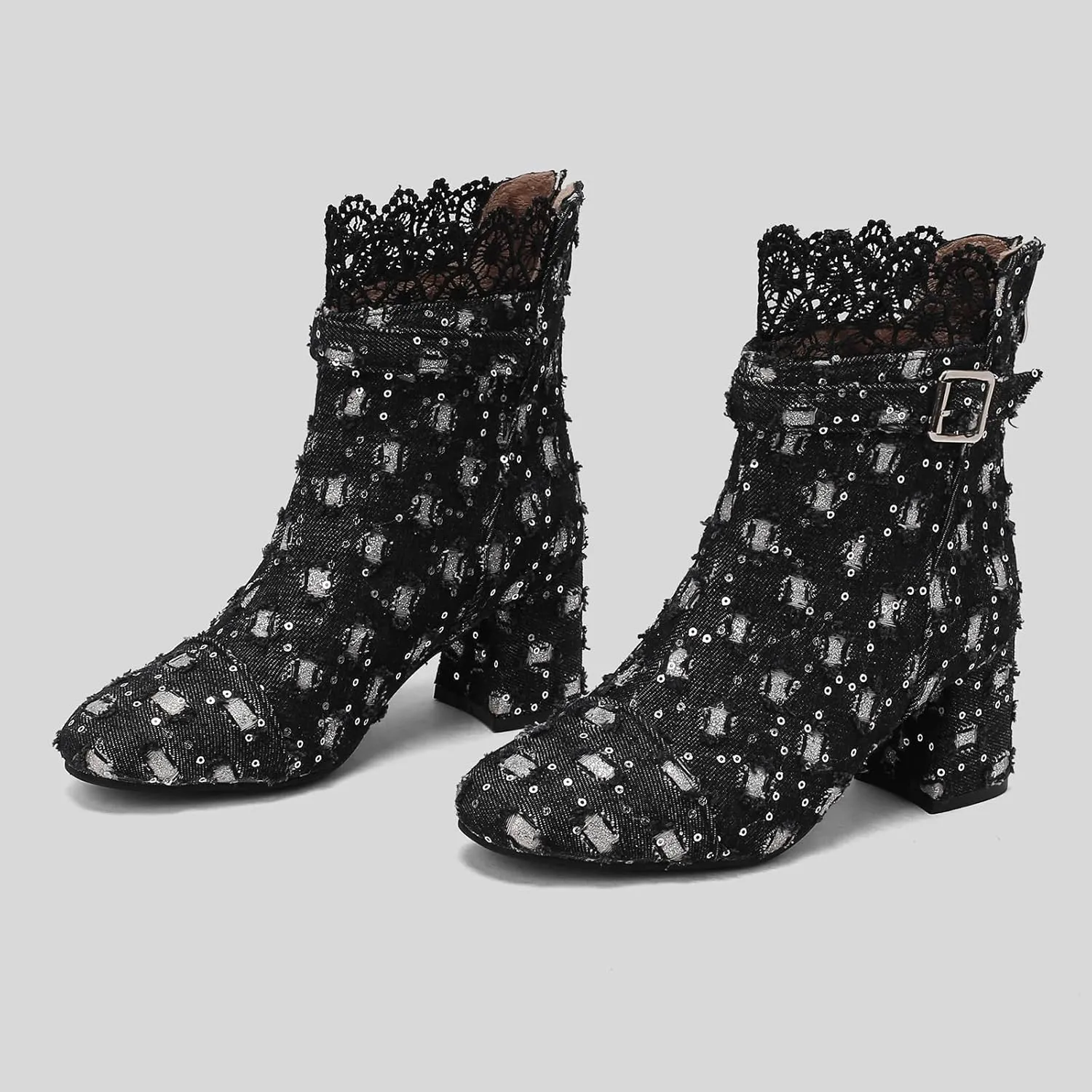 Gicoiz Women Elegant Floral Chelsea Ankle Boots Block Heel