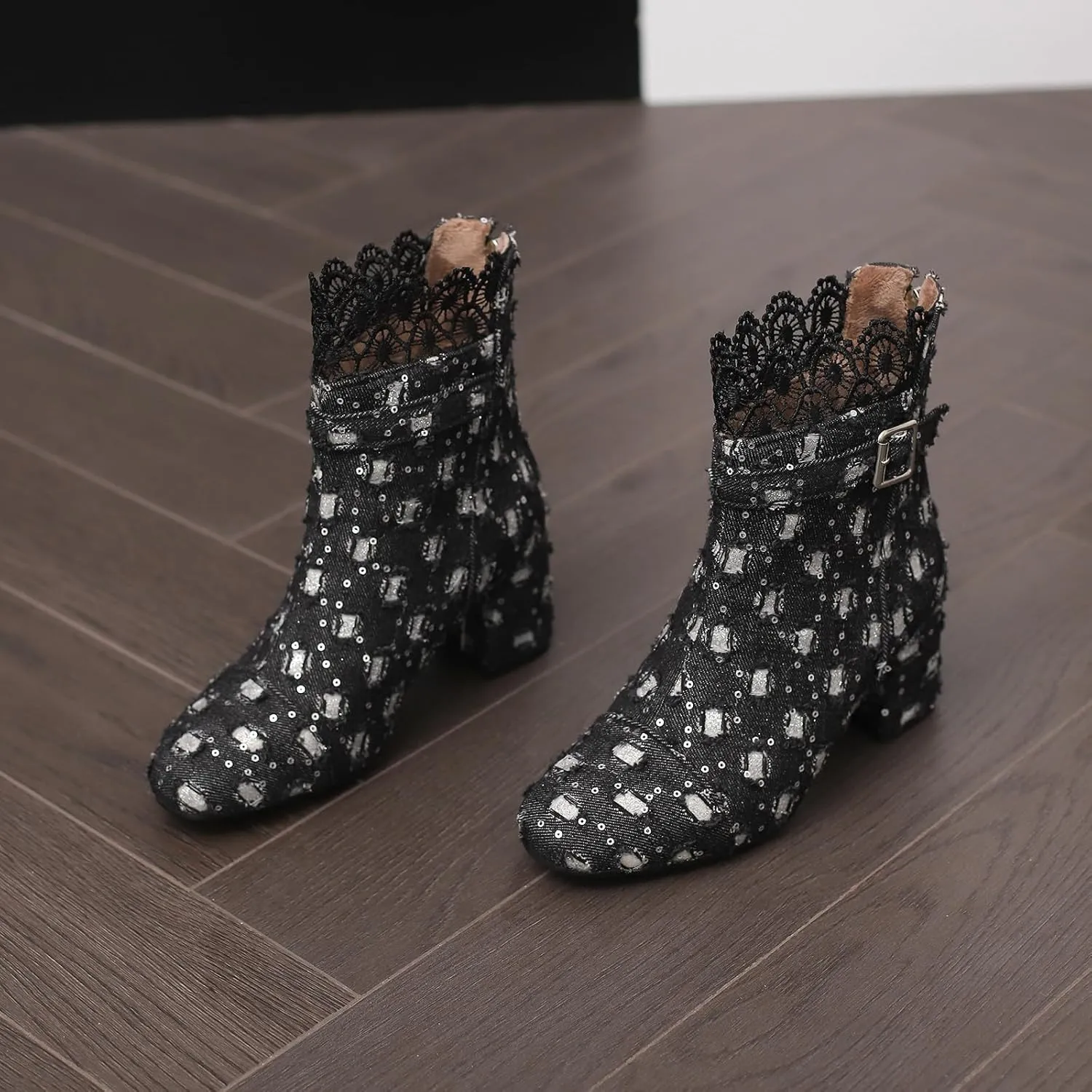 Gicoiz Women Elegant Floral Chelsea Ankle Boots Block Heel