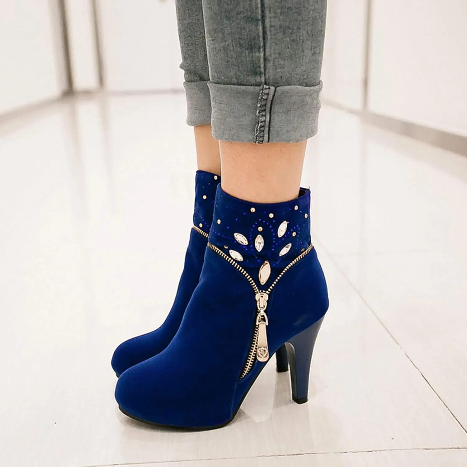Gicoiz Women Elegant High Heels Suede Platform Ankle Boots