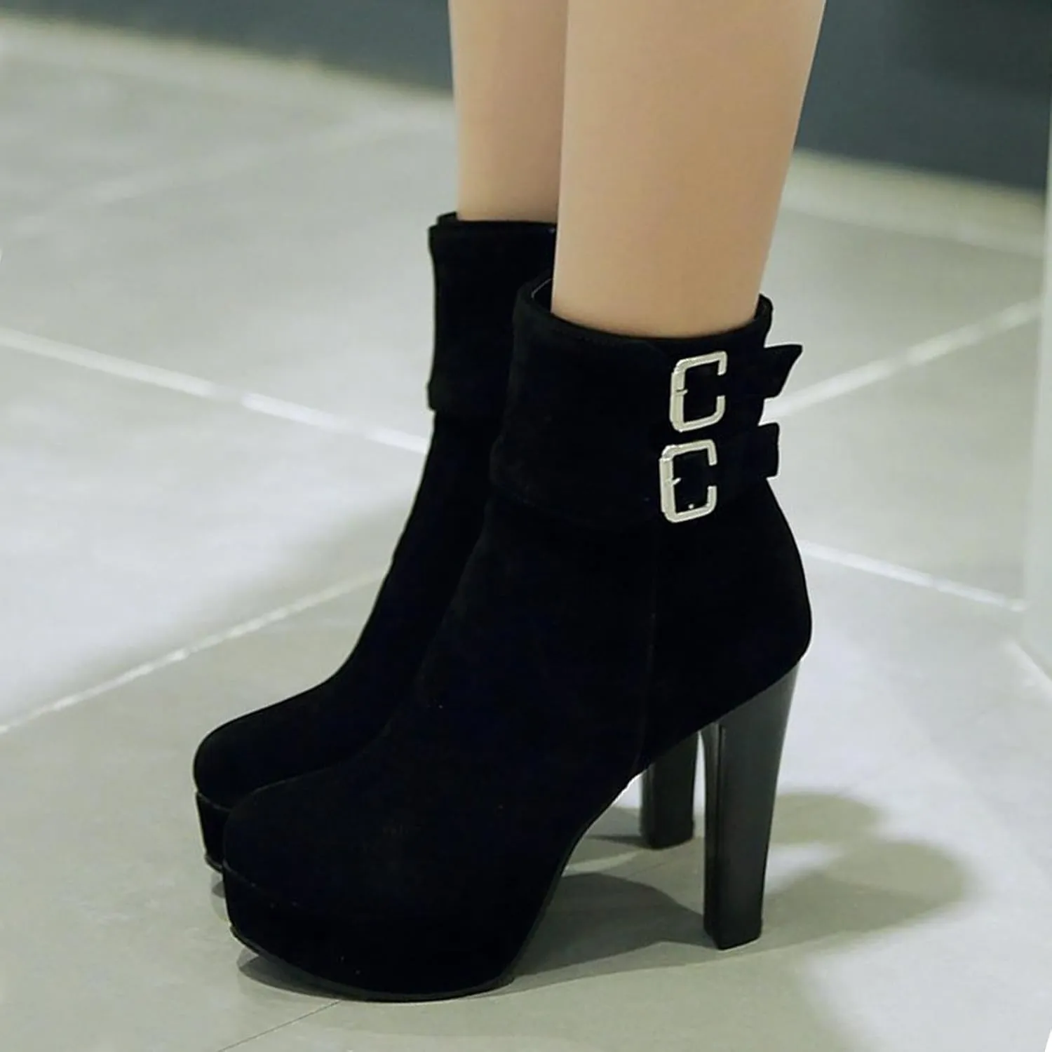 Gicoiz Women Round Toe Elegant High Heel Ankle Boots Bow Buckle