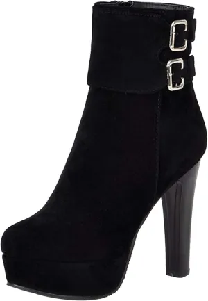 Gicoiz Women Round Toe Elegant High Heel Ankle Boots Bow Buckle