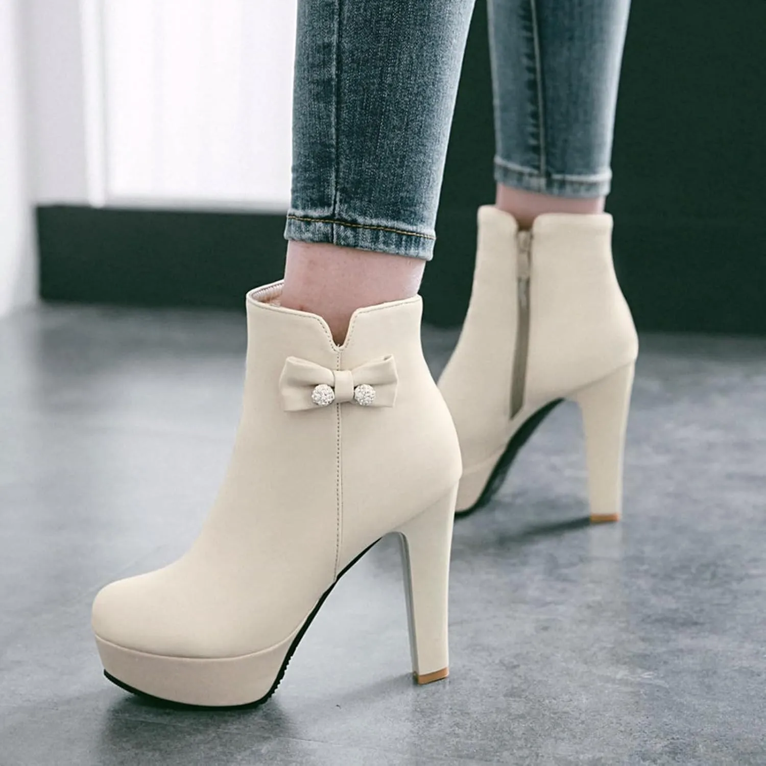 Gicoiz Women Round Toe Elegant High Heel Ankle Boots Bow Buckle