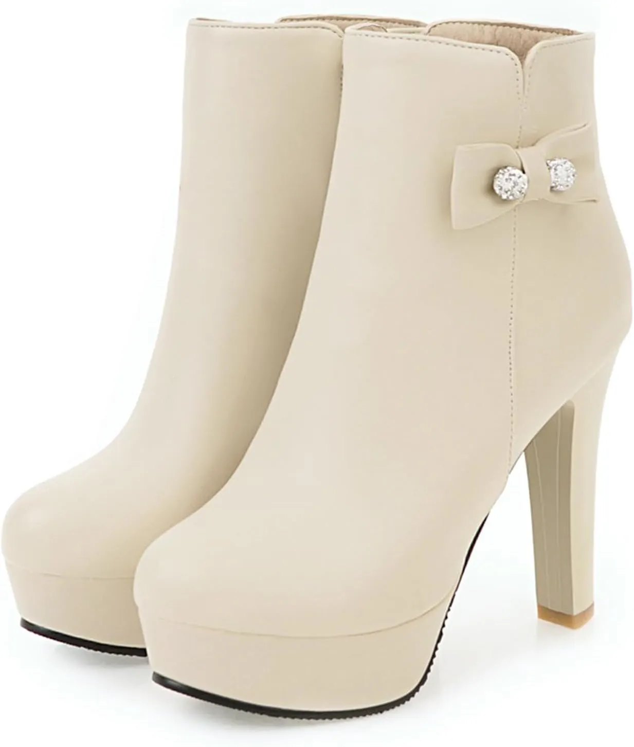 Gicoiz Women Round Toe Elegant High Heel Ankle Boots Bow Buckle