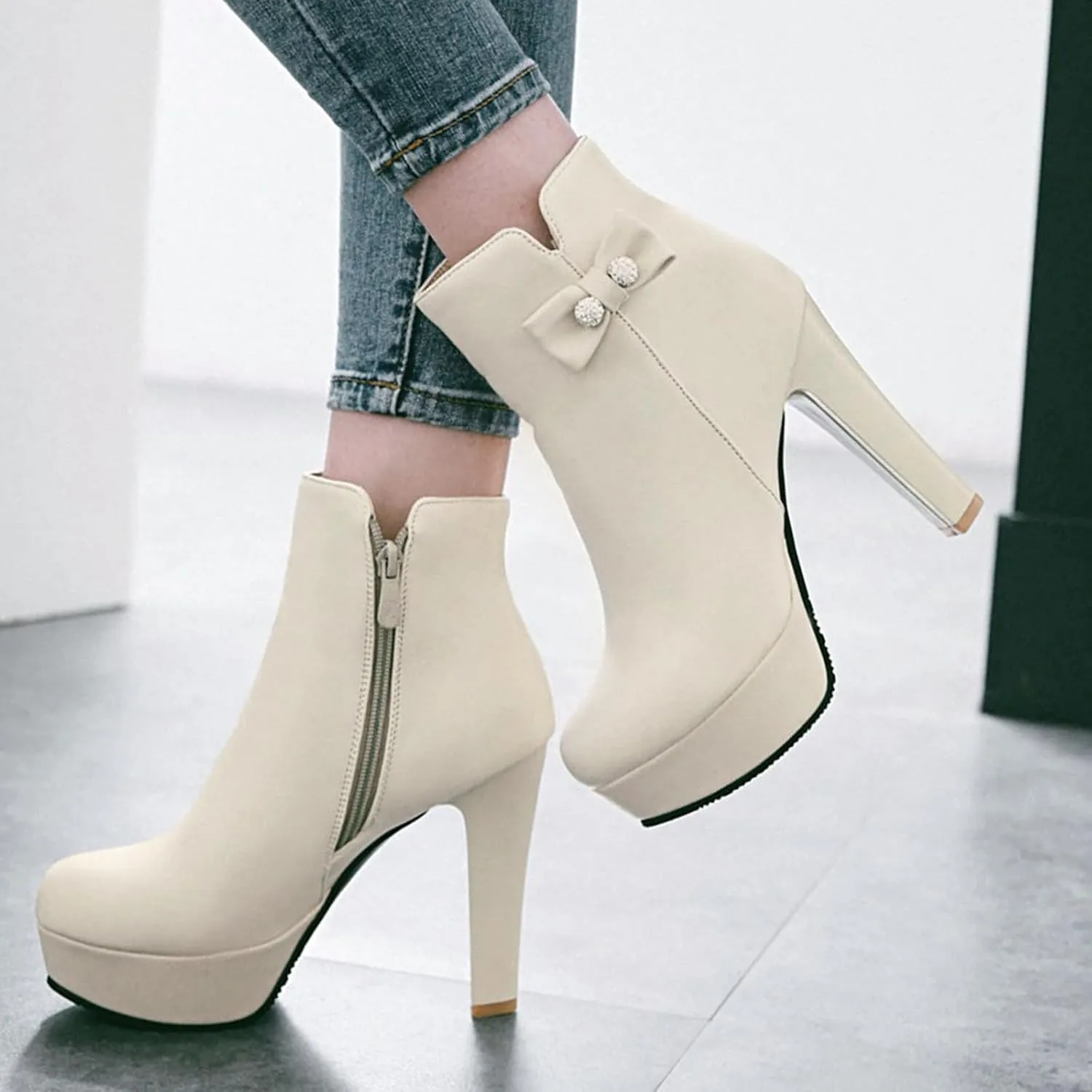 Gicoiz Women Round Toe Elegant High Heel Ankle Boots Bow Buckle