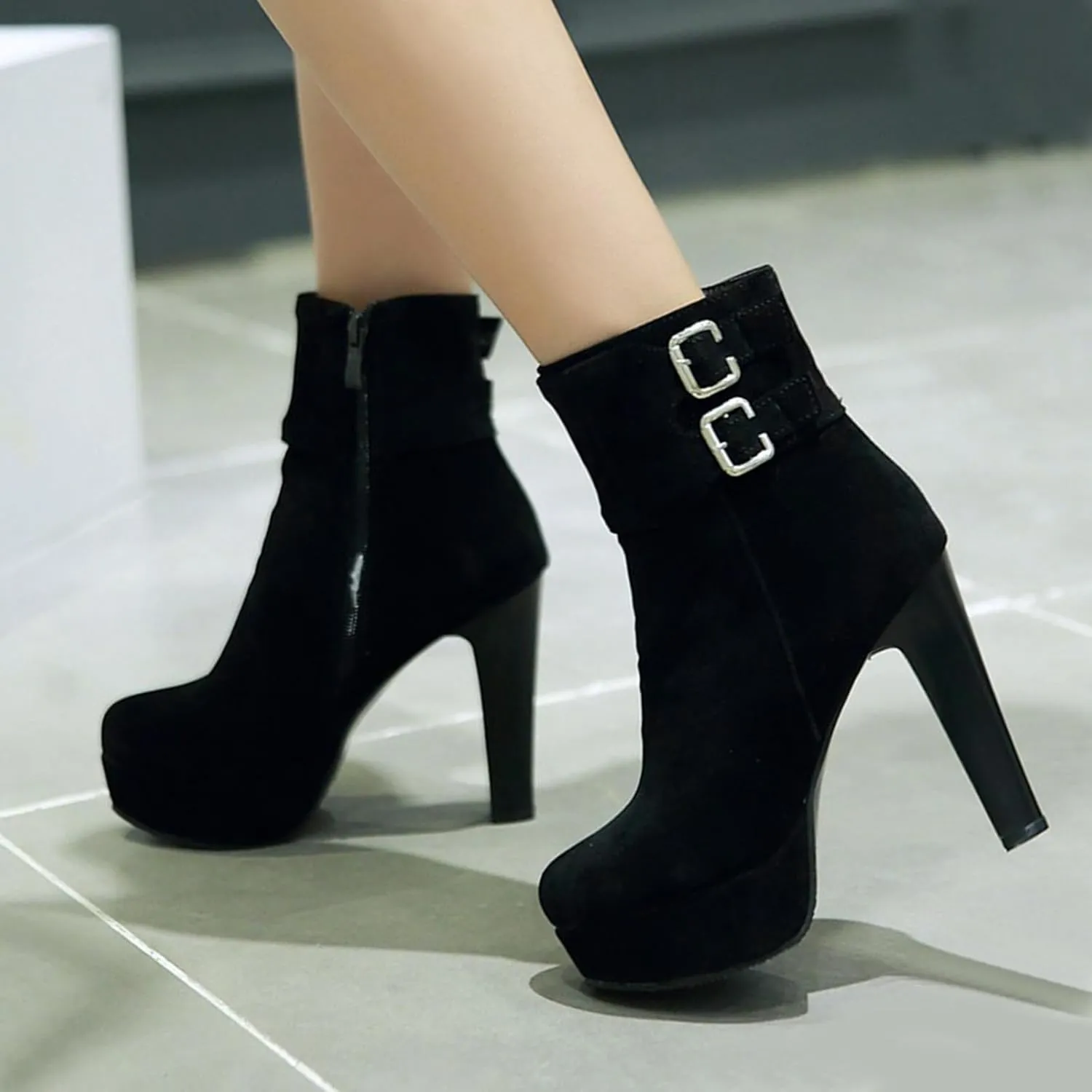 Gicoiz Women Round Toe Elegant High Heel Ankle Boots Bow Buckle