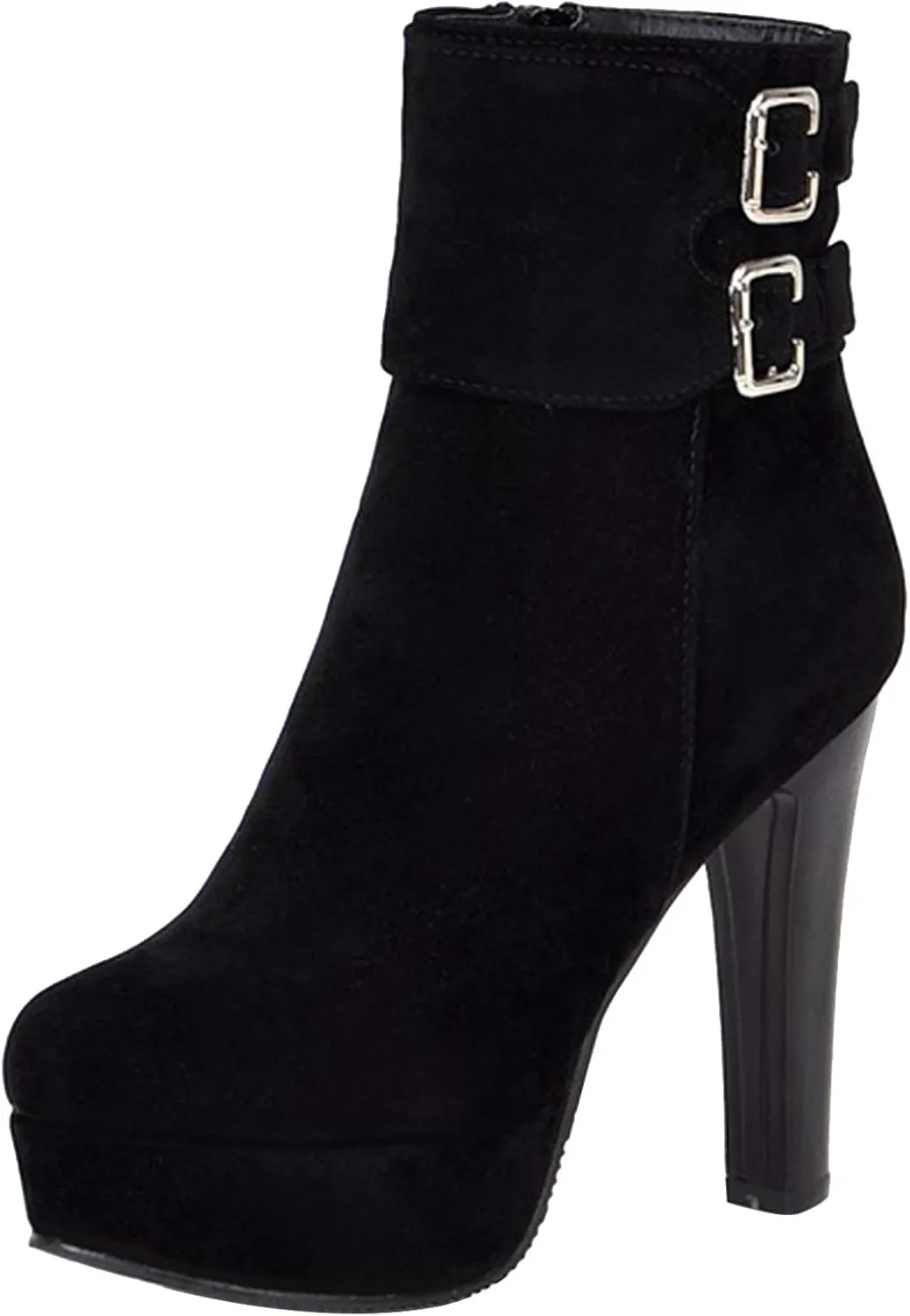 Gicoiz Women Round Toe Elegant High Heel Ankle Boots Bow Buckle