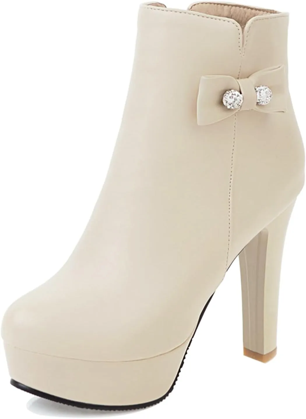 Gicoiz Women Round Toe Elegant High Heel Ankle Boots Bow Buckle