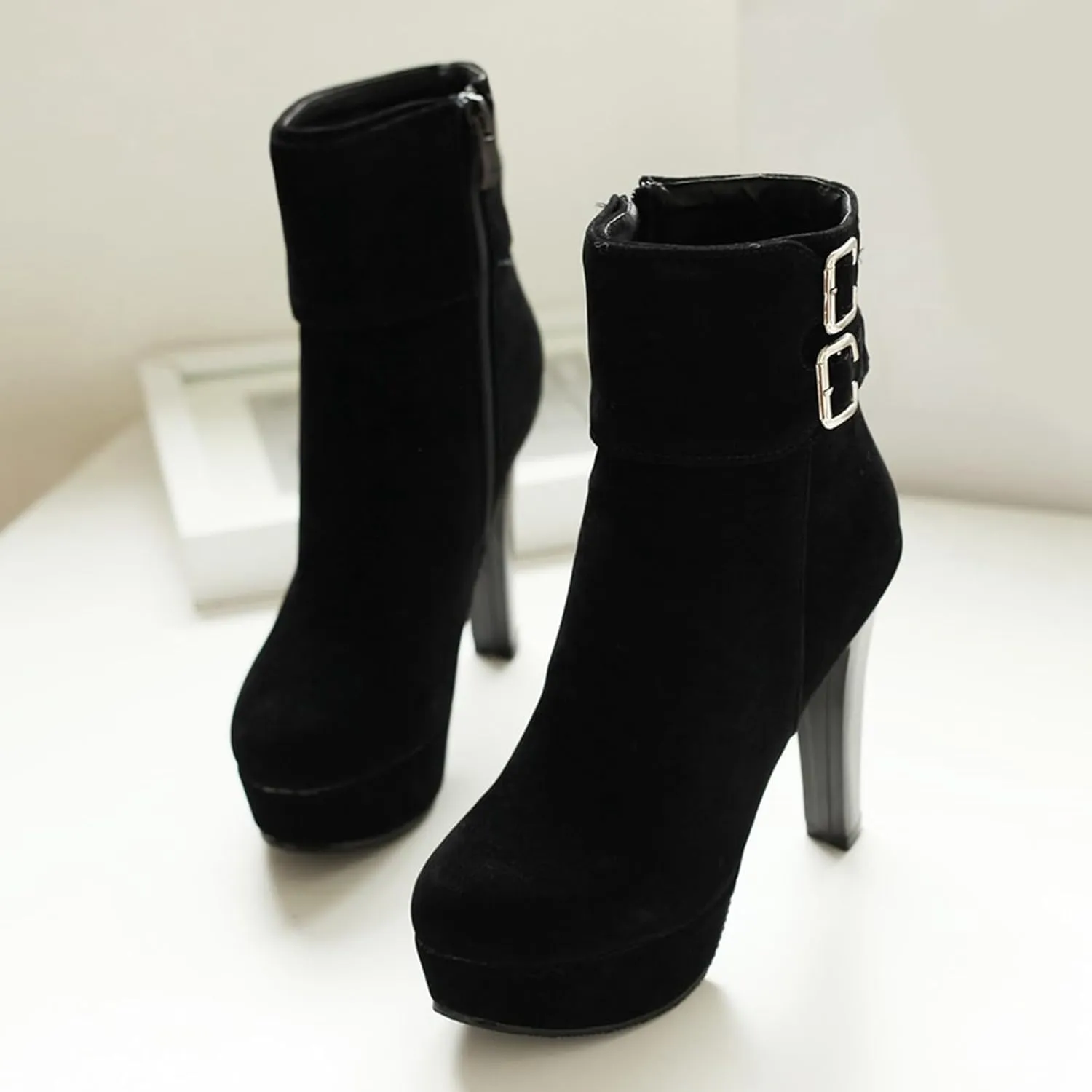 Gicoiz Women Round Toe Elegant High Heel Ankle Boots Bow Buckle