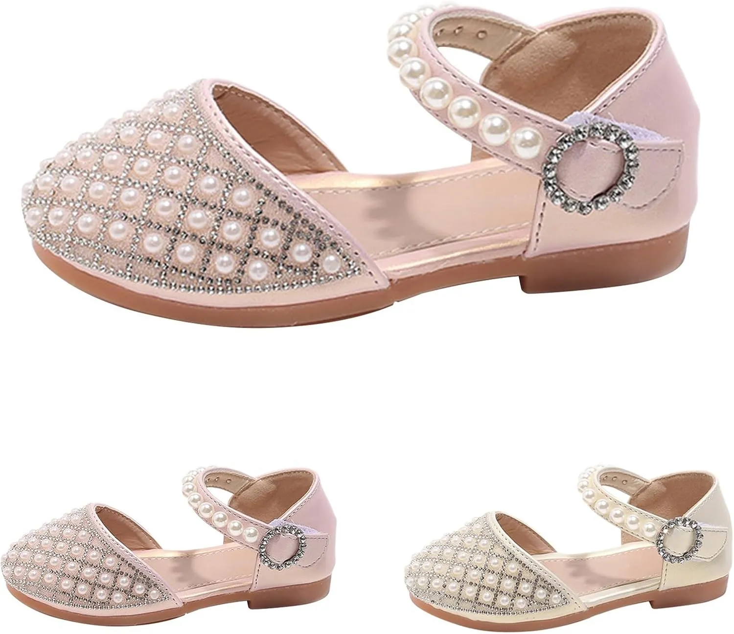 Girls Pearl Glitter Pageant Sandals Closed Toe Ankle Strap High Heel Non Slip Sandals Elegant Princess Wedding Shoes