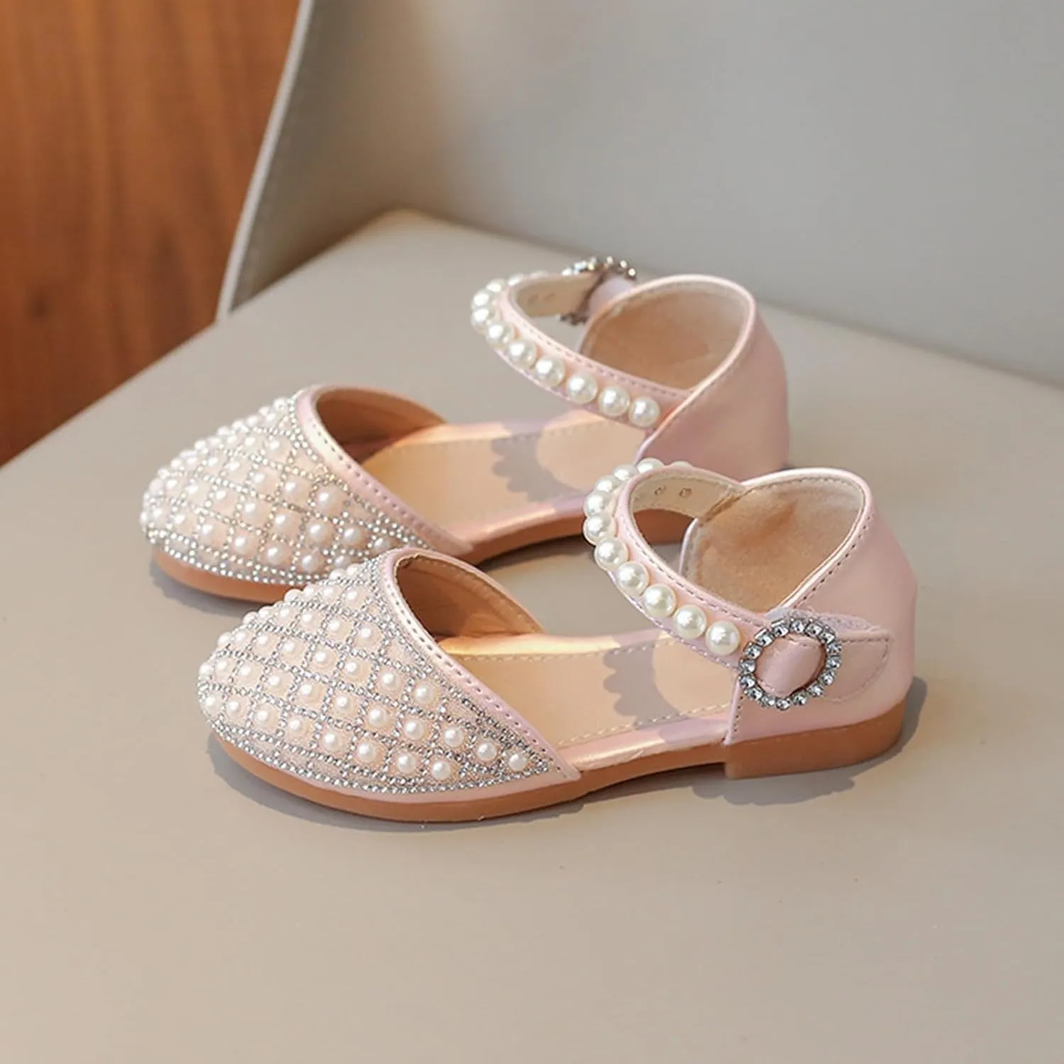 Girls Pearl Glitter Pageant Sandals Closed Toe Ankle Strap High Heel Non Slip Sandals Elegant Princess Wedding Shoes