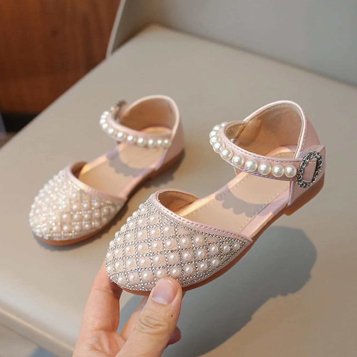 Girls Pearl Glitter Pageant Sandals Closed Toe Ankle Strap High Heel Non Slip Sandals Elegant Princess Wedding Shoes