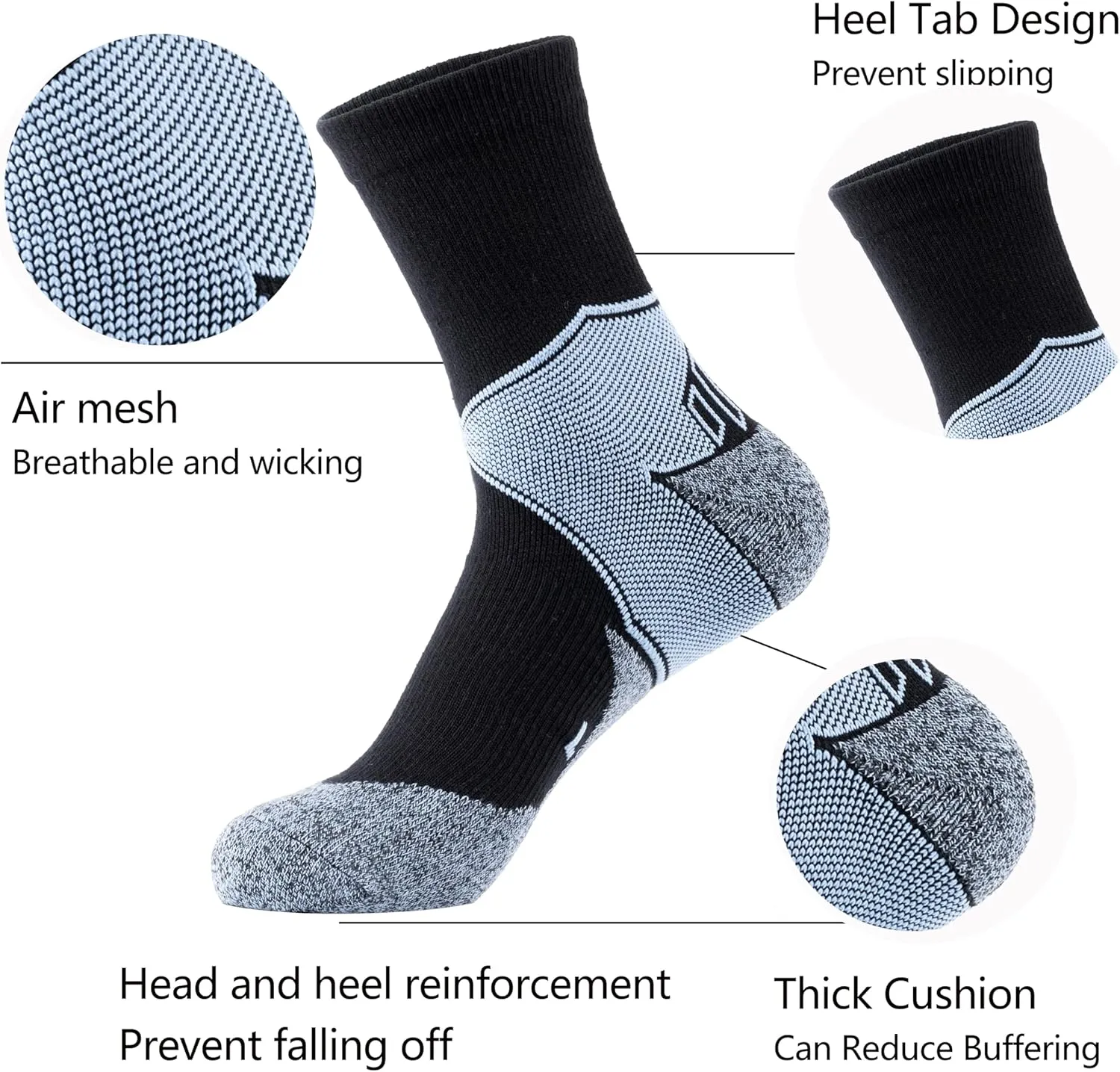 GLENMEARL Mens Crew Socks, 5 Pair Cushioned Work Socks for Men, Cotton Athletic Boot Sock, Moisture Wicking Sock for Hiking