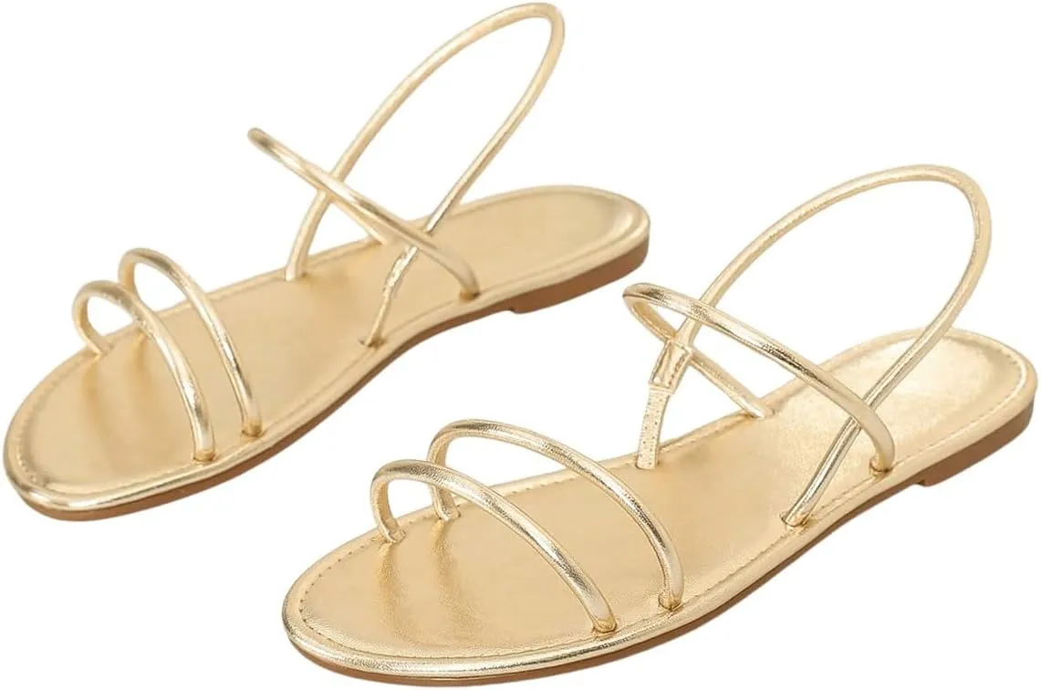 GORGLITTER Women's Metallic Strappy Flat Sandals Open Toe Dressy Ankle Strap Vacation Slide Sandal