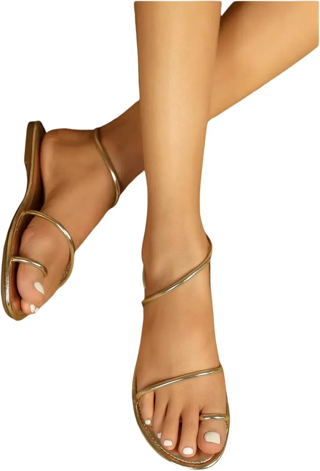 GORGLITTER Women's Metallic Strappy Thong Flat Sandals Open Toe Dressy Slide Sandal