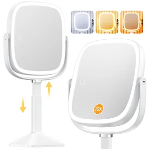 Gospire Rectangle Lighted Makeup Mirror with Magnification, 10X Magnifying Mirror with Lights 3 Color, Height Adjustable and 4000mAh Battery for Bedroom Bathroom, Large Surface for Women or Men- White