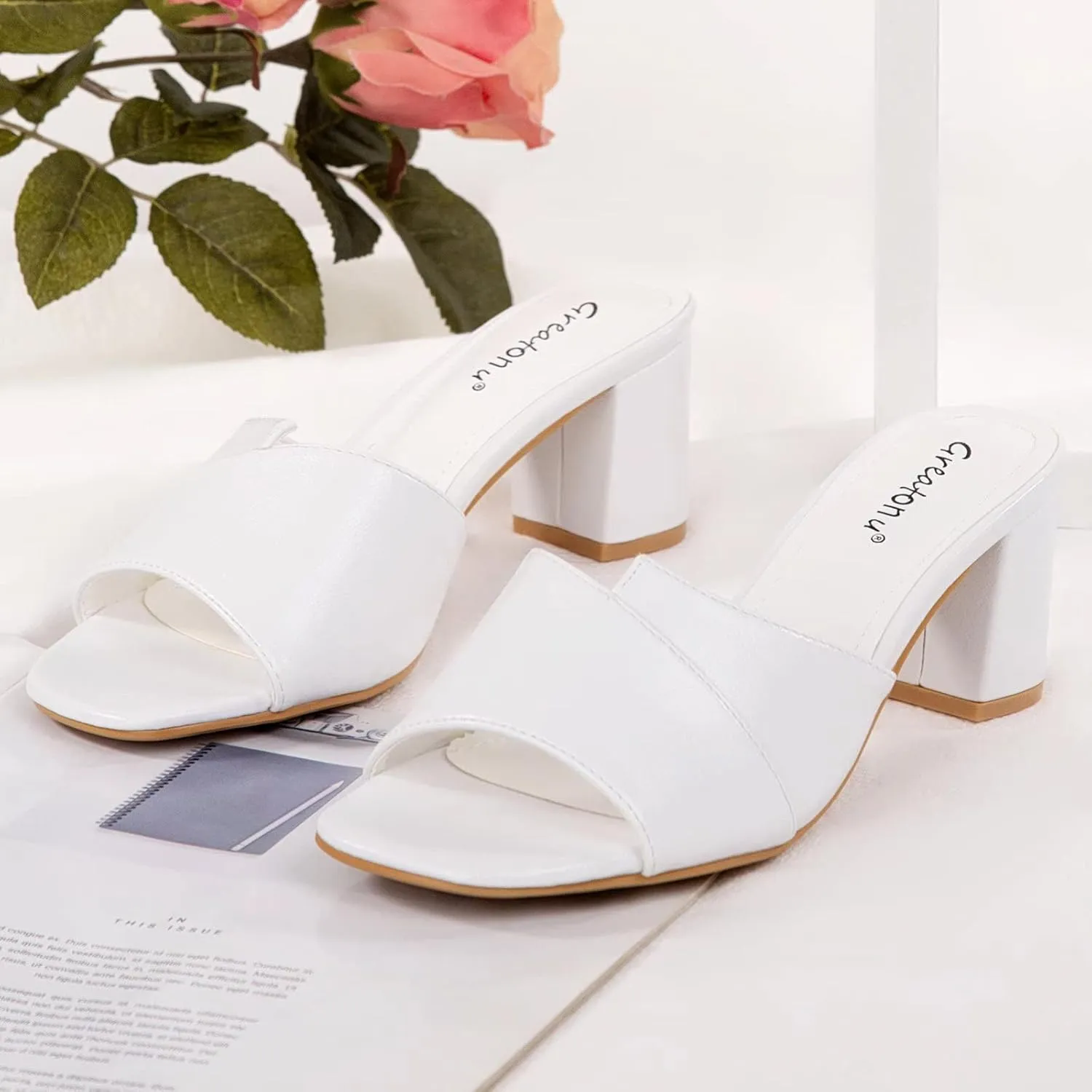 Greatonu Heeled Sandals Square Toe Sandals Slip On Fashion Wedding Chunky Block Mule Heels for Women