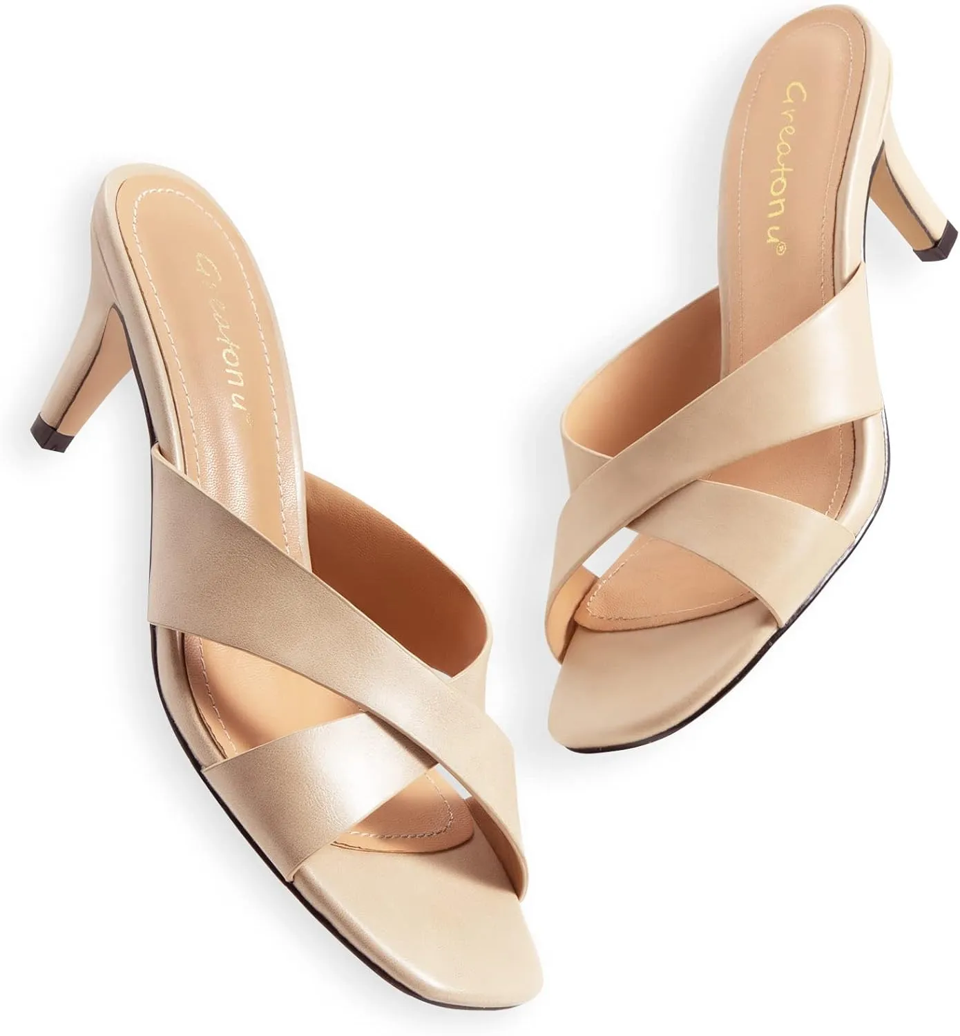 Greatonu Women's Square Toe Summer Heels Mules Cross Strap Slip on 2.5 Inch kitten Heeled Sandals
