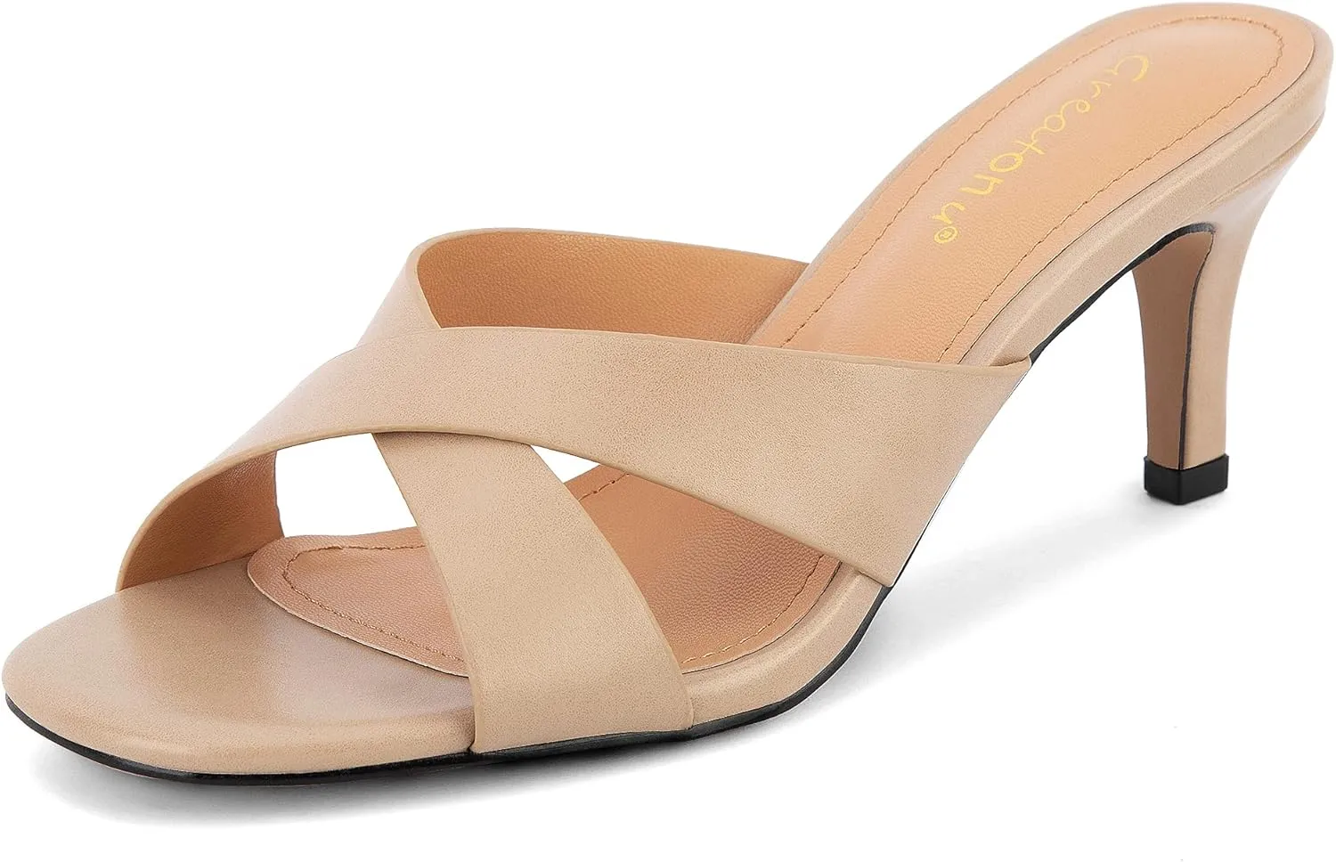 Greatonu Women's Square Toe Summer Heels Mules Cross Strap Slip on 2.5 Inch kitten Heeled Sandals