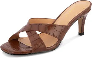Greatonu Women's Square Toe Summer Heels Mules Cross Strap Slip on 2.5 Inch kitten Heeled Sandals