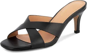 Greatonu Women's Square Toe Summer Heels Mules Cross Strap Slip on 2.5 Inch kitten Heeled Sandals