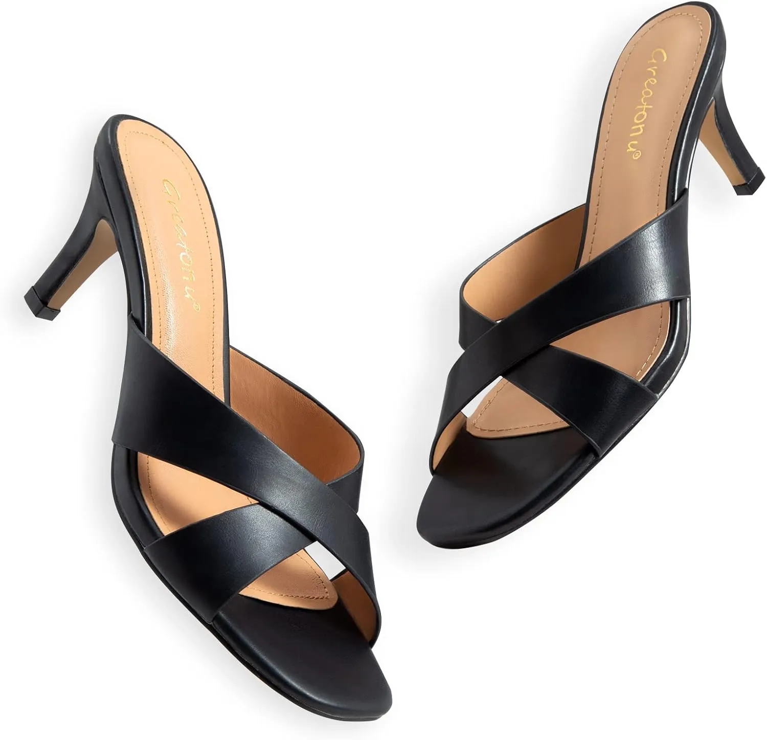 Greatonu Women's Square Toe Summer Heels Mules Cross Strap Slip on 2.5 Inch kitten Heeled Sandals