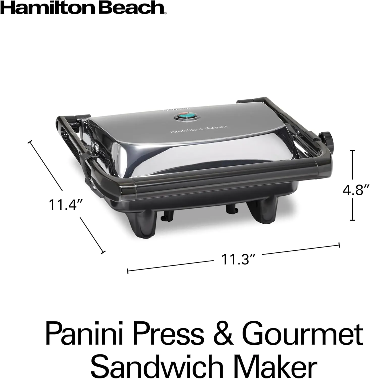 Hamilton Beach Panini Press Sandwich Maker & Electric Indoor Grill with Locking Lid, Opens 180 Degrees for any Thickness for Quesadillas, Burgers & More, Nonstick 8" x 10" Grids, Chrome (25460AG)
