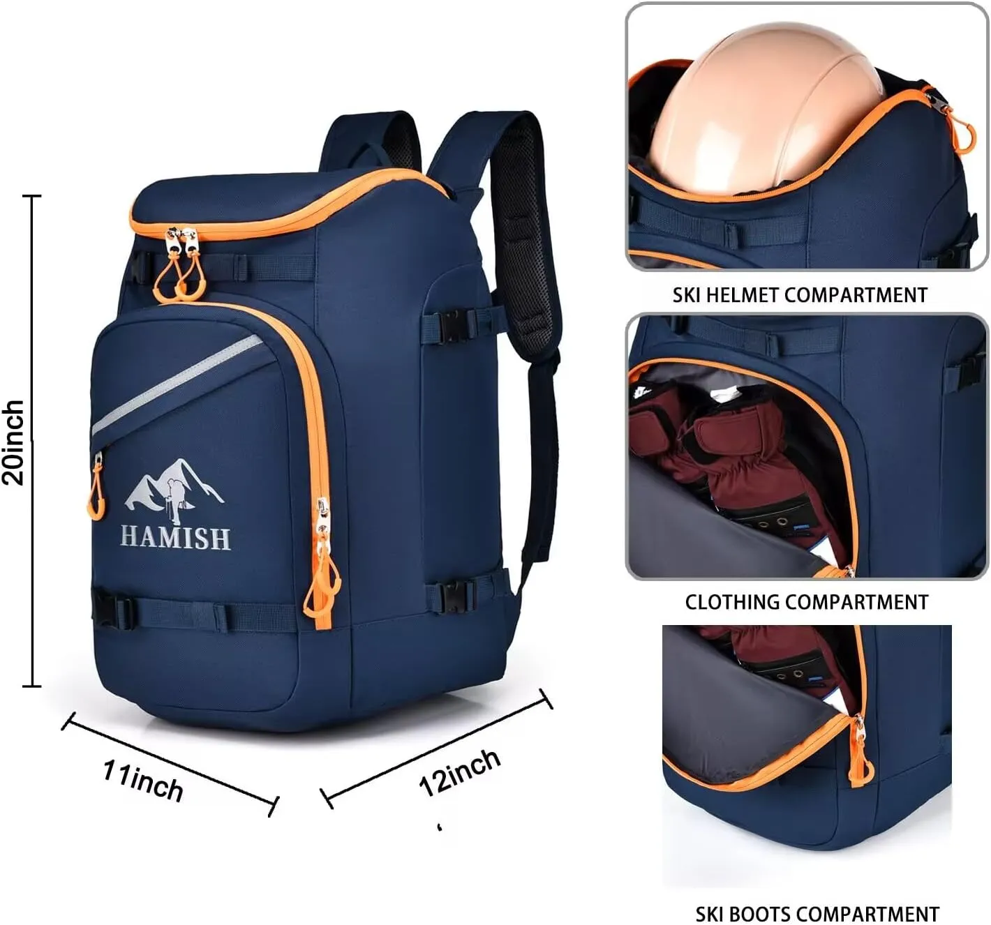 Hamish Ski Boot Bag,1.76cu ft 50L Waterproof large capacity Ski Boots Bag Backpack,Snowboard Travel Lightweight Ski Bag Backpack for Ski Helmet, Goggles, Gloves, Skis, Snowboard & Accessories