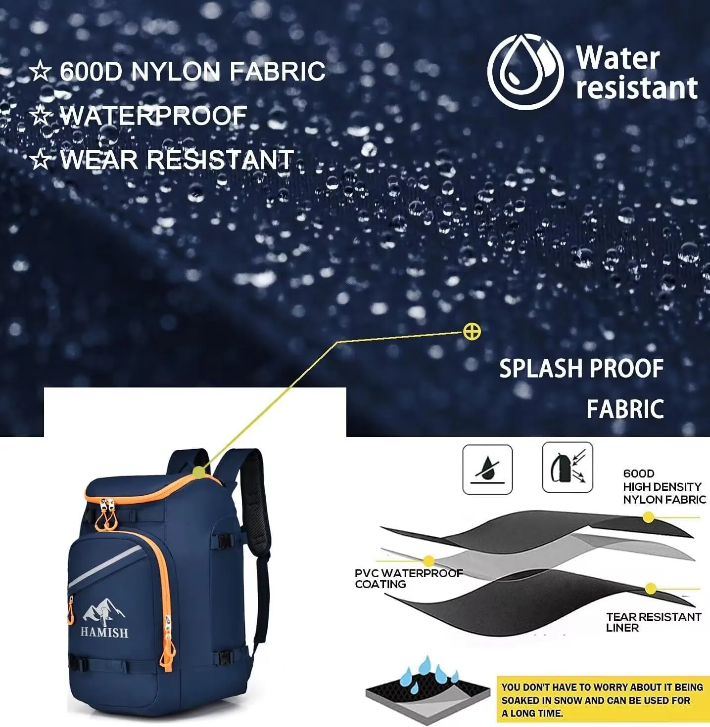 Hamish Ski Boot Bag,1.76cu ft 50L Waterproof large capacity Ski Boots Bag Backpack,Snowboard Travel Lightweight Ski Bag Backpack for Ski Helmet, Goggles, Gloves, Skis, Snowboard & Accessories