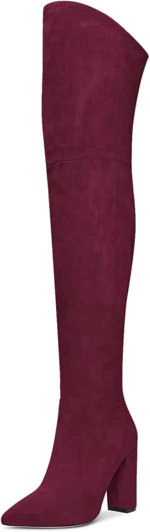 HDEUOLM Women Chunky Block High Heel Close Pointed Toe Over Above The Knee Boots Zipper Sexy Classic Shoes
