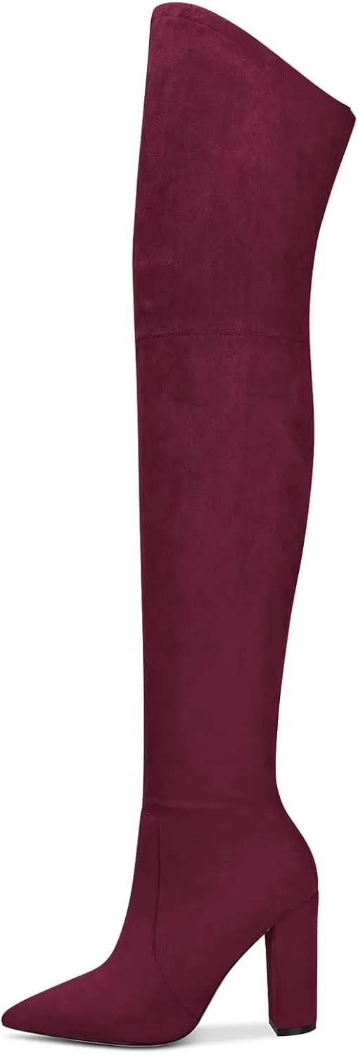HDEUOLM Women Chunky Block High Heel Close Pointed Toe Over Above The Knee Boots Zipper Sexy Classic Shoes