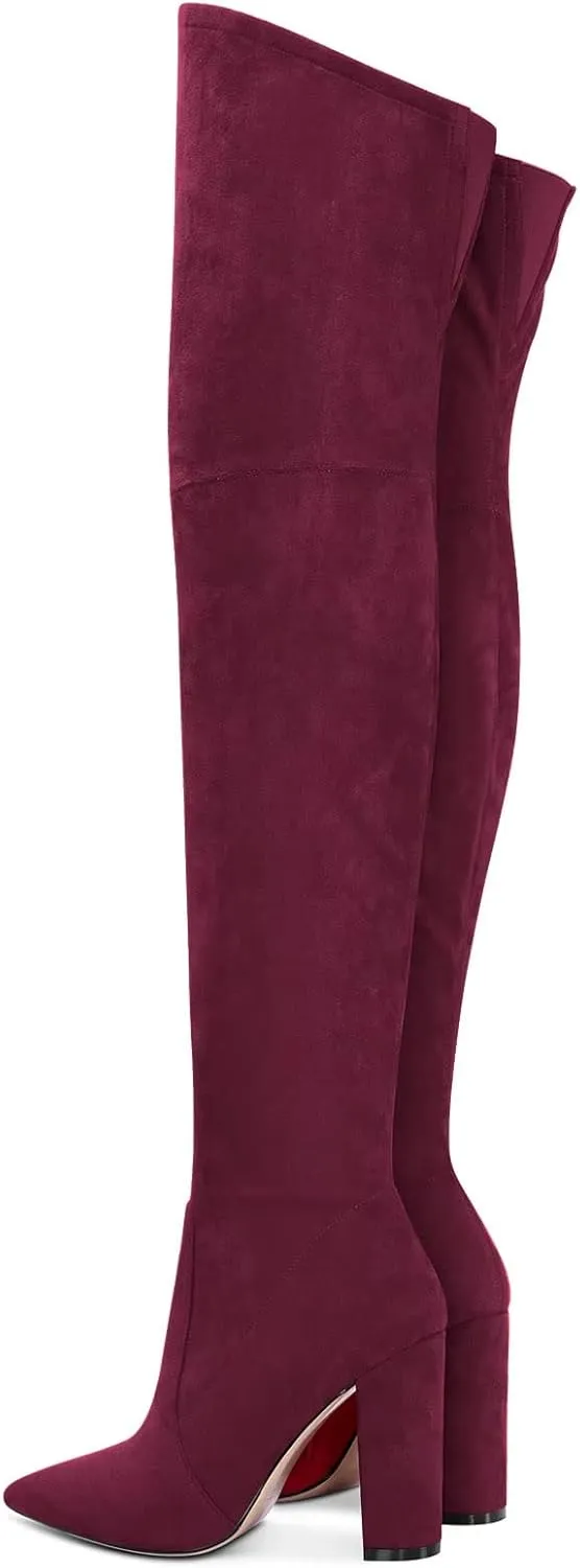 HDEUOLM Women Chunky Block High Heel Close Pointed Toe Over Above The Knee Boots Zipper Sexy Classic Shoes