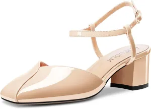 HDEUOLM Women Chunky Block Mid Heel Square Toe Pumps Ankle Strap Buckle Casual Cute 2.0 Inches Heels