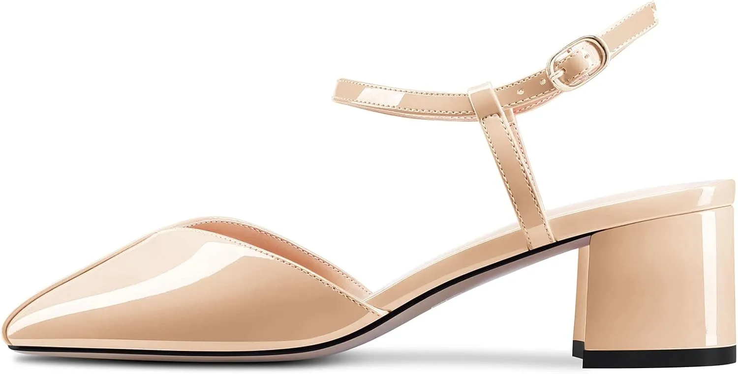HDEUOLM Women Chunky Block Mid Heel Square Toe Pumps Ankle Strap Buckle Casual Cute 2.0 Inches Heels