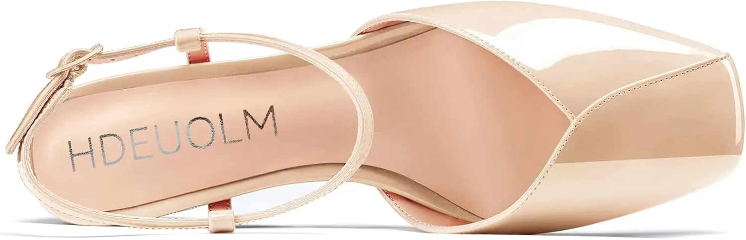 HDEUOLM Women Chunky Block Mid Heel Square Toe Pumps Ankle Strap Buckle Casual Cute 2.0 Inches Heels